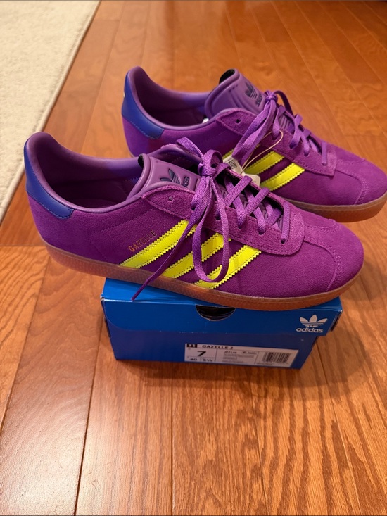 adidas Shoes - adidas GAZELLE J Women's Violet Purple Suede Sneakers with Neon Yellow Stripes